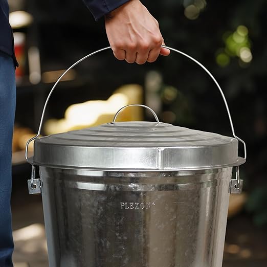 Plexon Metal Trash Can with Locking Lid Outdoor Storage Bucket for Bird Seed Ash Galvanized Steel 10-Gallon 6 Pack