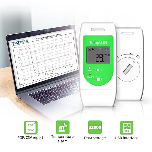 Tzone Temperature Data Logger USB Reusable Temp Recorder with PDF CSV Reports, Digital Thermometer Recording Refrigerator Industrial Temp Datalogger 32000 Points for Lab Freezer Shipment TempU04