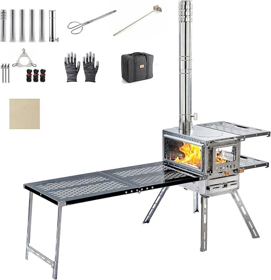 Wood Stove Wood Burning Stove Hot Tent Stove, Stainless Steel Portable Camping Stove with Oven & Camping Table and 6 Chimney Pipe for Outdoor, Camping, Cooking, Tents, Car Travel