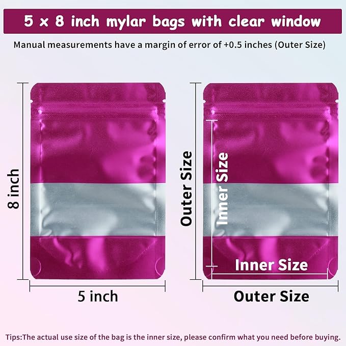 200 Pcs Mylar Bags for Food Storage 5x8 Mylar Bag with Window, Foil Stand Up Resealable Bags for Food, Smell Proof Bag Freeze Dried Candy Packaging Sealable Pouch Jewelry Bracelet Pouch