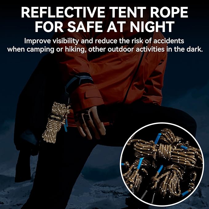 HIKEMAN Reflective Tent Rope Guyline - 4M Camping Guide Ropes,3mm Tent Guy Ropes Cord with Aluminum Tensioners Adjuster for Outdoor Camping Hiking Caravan Awning Tents (Coffee, 3mm)