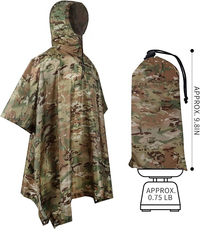 GRVCN Military Rain Poncho, Camouflage Raincoat Outdoor Waterproof Lightweight