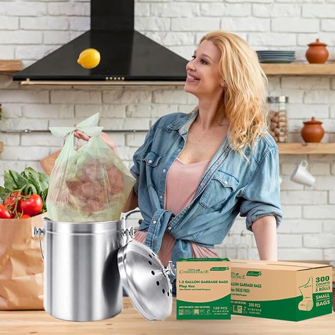1-2 Gallon Flap Tie Compostable Trash Bags, 120 Count Small Compost Bags, Biodegradable Kitchen Garbage Bags, Food Scrap Waste Bags for Countertop Bin, ASTM D6400, US BPI Certified