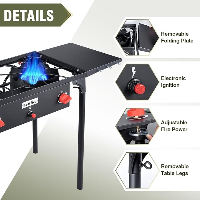 Bestfire 2 burner Camping Stove with Auto Ignition Button,Side Shelves & Regulator150,000 BTU Gas Stove Propane Burner With Removable Legs for Outdoor BBQ&Backyard Cooking Camping Home