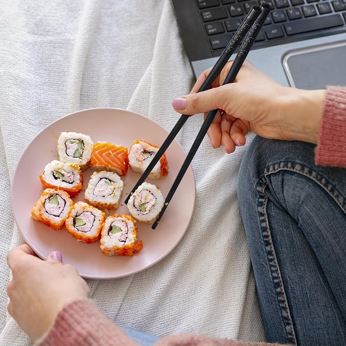 GLAMFIELDS 5 Pairs Premium Chopsticks Reusable Dishwasher Safe 9.5 Inch Fiberglass Chop Sticks Gift Set Non Slip Lightweight Cherry Blossom Pattern