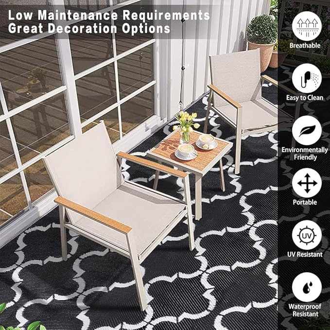 Outdoor Plastic Straw Rug, Waterproof Mat, Washable Large Floor Mat and Rug for Outdoors, RV, Beach, Patio, Camping, Backyard, Deck, Picnic, Indoor Outside (5x8ft,Lantern/Black&White)