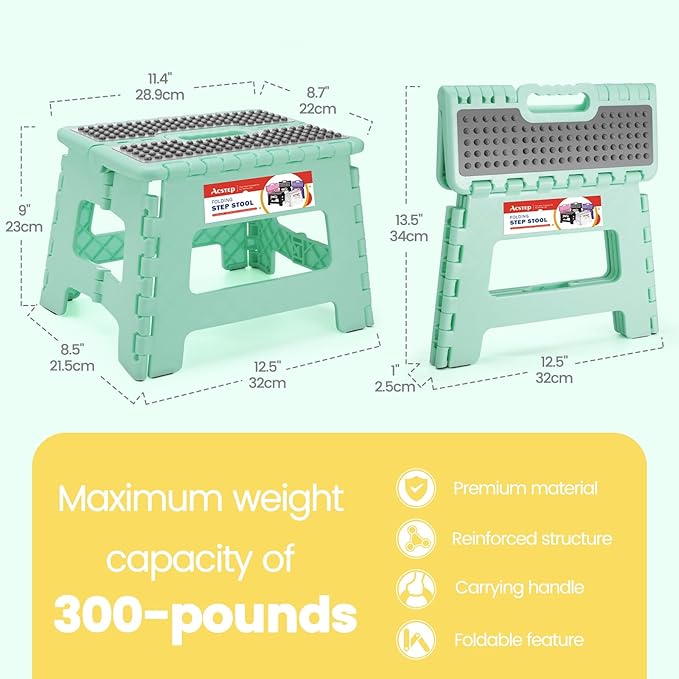 ACSTEP 9 Inch Folding Step Stool 300 LB Capacity Non Slip Foot Stool with Handle Plastic Foldable Step Stools for Kids Stepping Stool for Bathroom Black Small Step Stool (1 PC Teal)