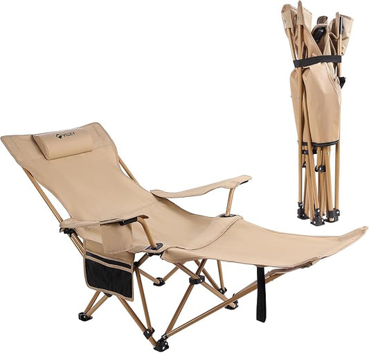 VILLEY Reclining Camping Lounge Chair Adjustable Foldable Chair for Adults with Removable Footrest, Headrest & Storage Bag Supports Up to 330 LBS Beige