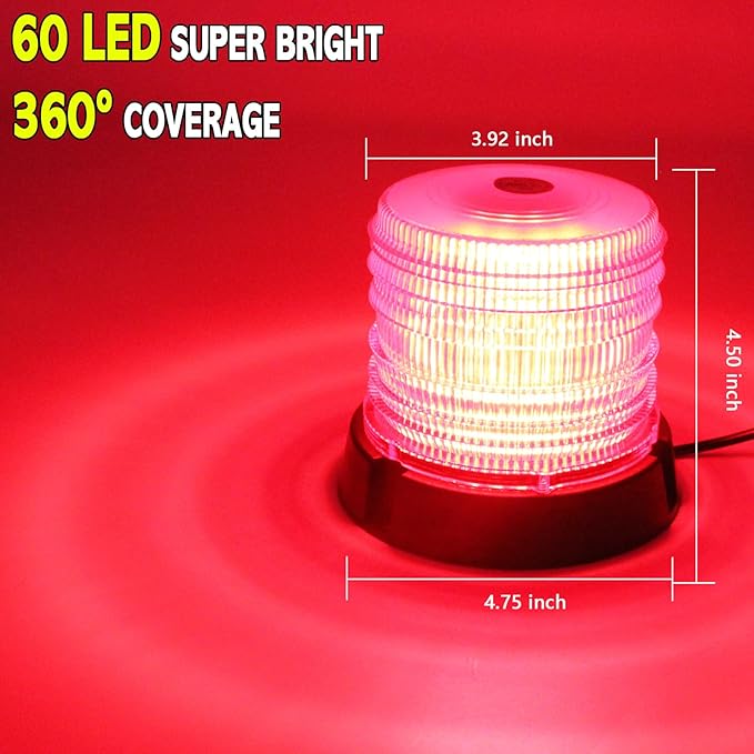 60 LED Strobe Light, 12-24V Warning Emergency Magnetic Beacon Lights for Trucks, Construction Vehicles, UTV ATV, Firefighter, Ambulance and Snow Plow (Red)