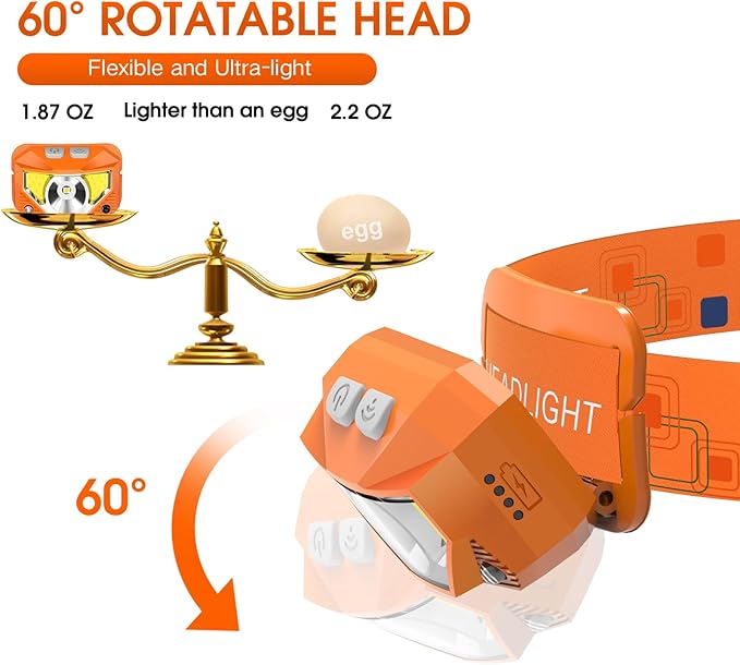 LHKNL Headlamp Flashlight, Lumen Ultra-Light Bright LED Rechargeable Headlight with White Red Light,2-Pack Waterproof Motion Sensor Head Lamp,8 Mode for Outdoor Camping Running Fishing- Orange