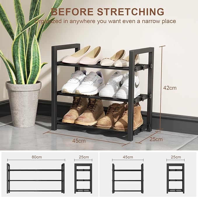 3-Tier Expandable Shoe Rack,Adjustable Shoe Shelf Storage Organizer Heavy Duty Metal Free Standing Shoe Rack for Entryway Closet Doorway (Black)