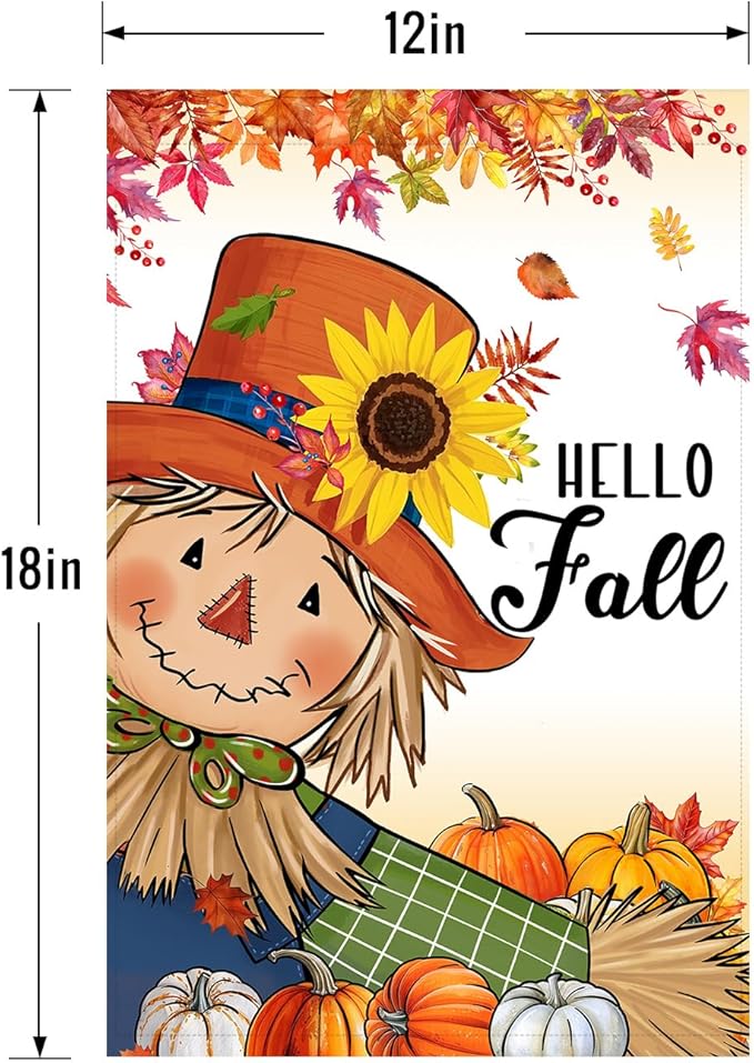 Fall Scarecrow Pumpkin Garden Flag 12x18 Inch Double Sided Burlap Autumn Thanksgiving Sunflower Flag for Outside Farmhouse Garden Yard Lawn Outdoor Decorative