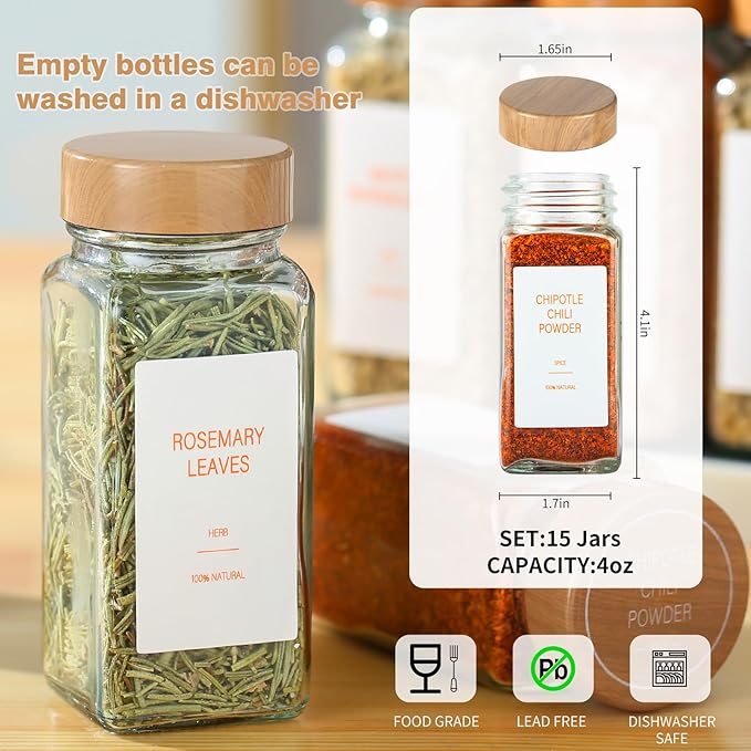 Spice Jars with Label，4oz Seasoning Containers, Glass Spice Bottles with Shaker Lids,Funnel, Chalk Pen (24)