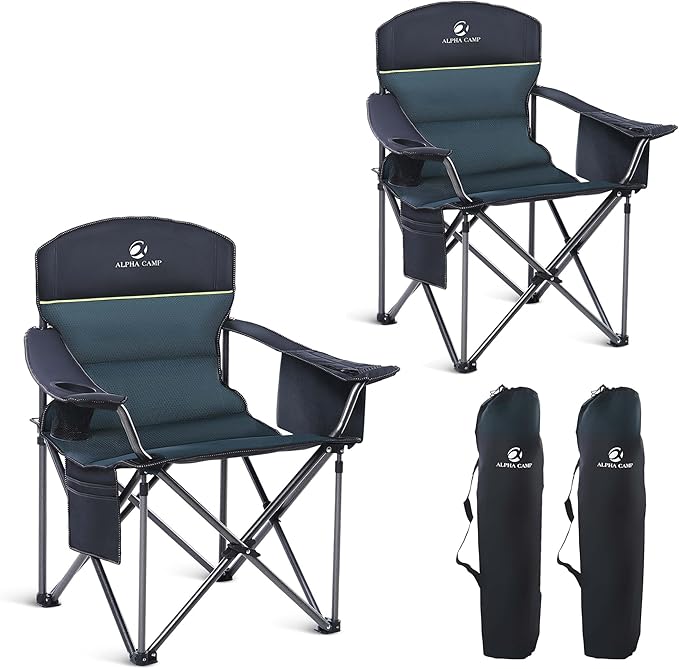 GREEN PARTY Folding Camping Chair Oversized Heavy Duty Lawn Chair with Cooler Bag, Cup Holder, Storage Pocket, Collapsible Padded Outdoor Arm Chair, Quad Lumbar