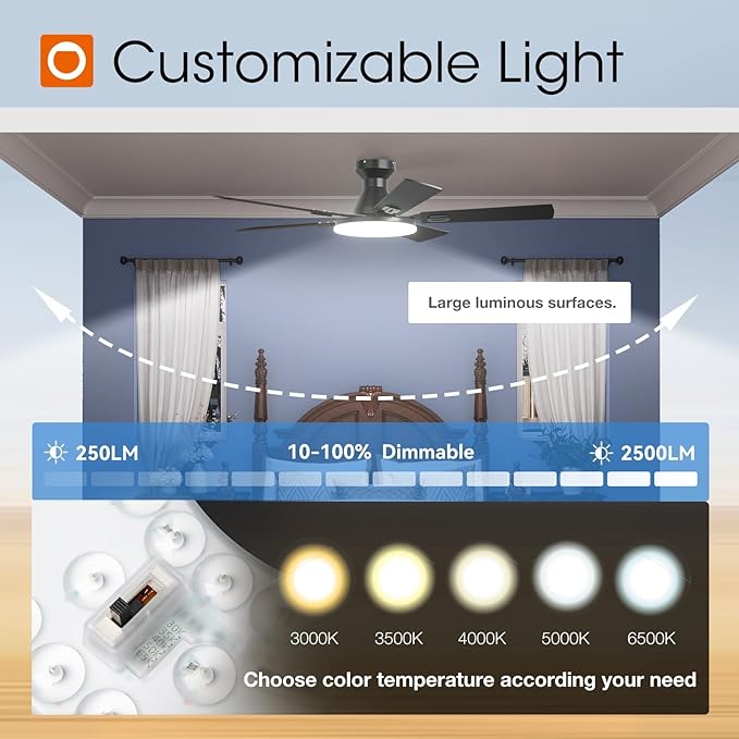 addlon Ceiling Fans with Lights, 52 inch Flush Mount Ceiling fan with Remote Control, Wall Remote, Reversible, 5CCT, Dimmable, Noiseless DC Motor, Black Low Profile Ceiling Fan for Bedroom, Farmhouse