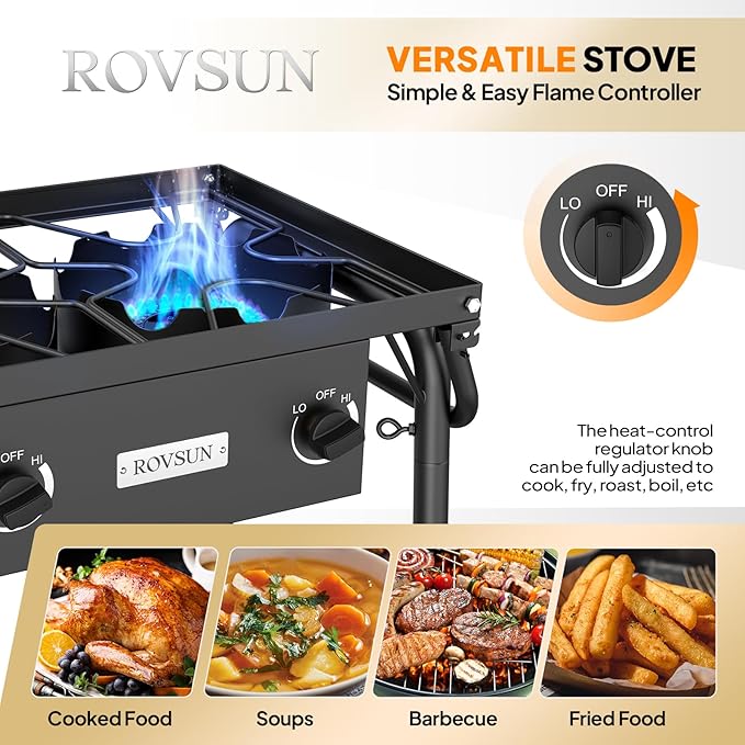 ROVSUN 3 Burner Gas Stove with 2 Side Shelves, 225,000BTU Portable Propane Stove with Removable Leg, Wind Panel, Regulator for Camping Home Backyard Outdoor Cooking Brewing Canning Turkey Frying
