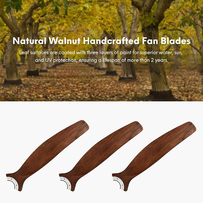 EKIZNSN 32“ Wet Rated Ceiling Fans with Lights Outdoor Hanging for Gazebo Waterproof, DC Motor w 3 Reversible Walnut Wood Blades, Walnut