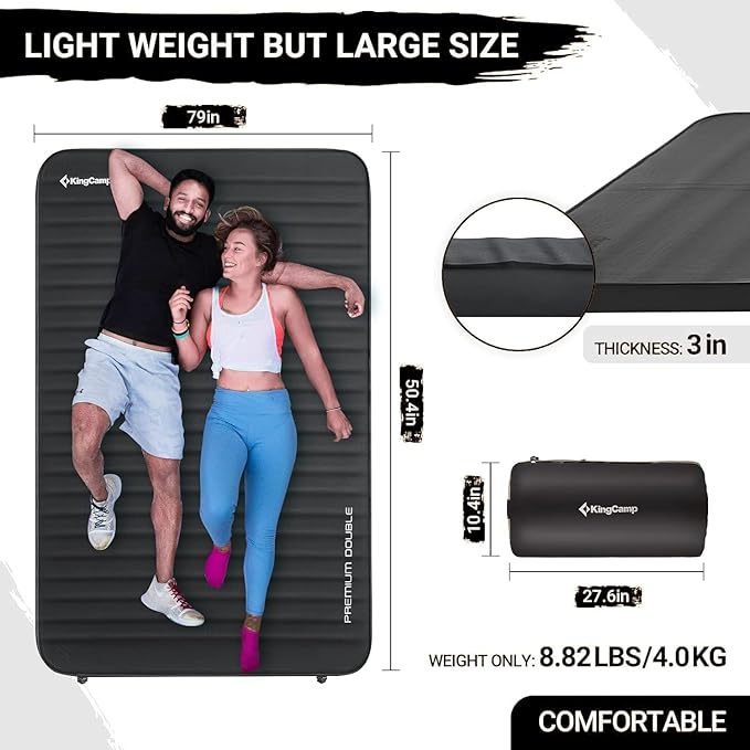 KingCamp Self Inflating Camping Pad, Ultra 6" Thick or Ideal 3" Thcik High R Value Air & Foam Camping Mattress, Full Size Double Sleeping Pad 2 Person for Camp Tent Outdoor Car, Multi Colors, PVC Free
