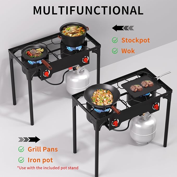 SKOK 2 Burner Propane Stove - Portable Camping Stove with 150,000BTU High Efficiency Propane Burner, Outdoor Stove for Camping, Backyard, Picnic