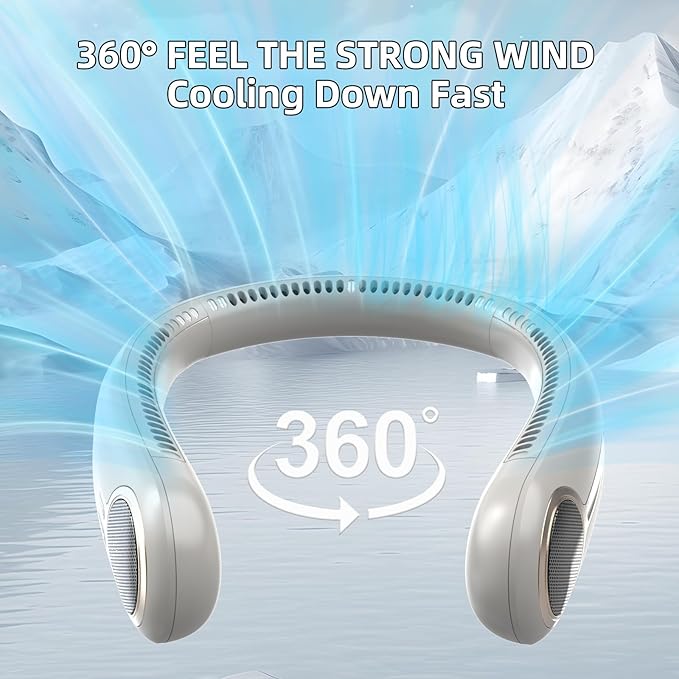 Portable Neck Fan,Gift Ideas,Personal Wearable Bladeless Fan,360° Cooling,LED Display,4-Speeds,6000mAh Rechargeable,Powerful Wind,Outdoor Travel Camping,Birthday Gifts for Men Women (Light grey)