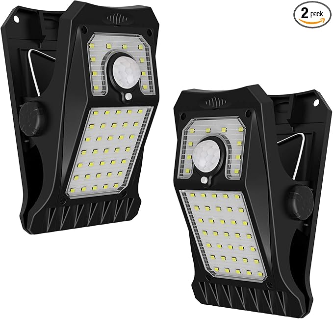 Tryme 45LEDs Solar Lights Outdoor Clip Motion Sensor Lights 3 Modes 3 Mounting Ways IP65 Waterproof Security Light for Chain Link Fence Camping Gate (2 Pack)