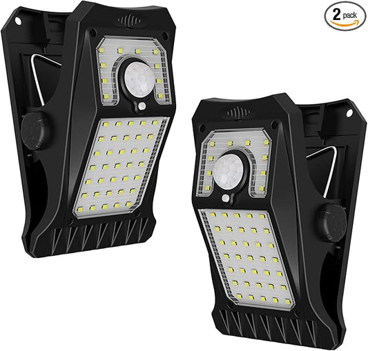 Tryme 45LEDs Solar Lights Outdoor Clip Motion Sensor Lights 3 Modes 3 Mounting Ways IP65 Waterproof Security Light for Chain Link Fence Camping Gate (2 Pack)