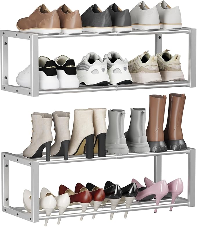 Homeiju Hanging Shoe Organizer,2 Pack Wall Mounted Shoe Rack Holds 12 Pairs,Space Saving Metal Wall Shoe Rack,Hanging Shoe Rack Shoe Holder for Small Space,Entryway,Closet,RV,Camper (Silver)