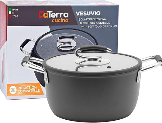 DaTerra Cucina - 5 Qt Nonstick Ceramic Dutch Oven Pot with Lid – Lightweight Nonstick Pot with Dual Handles, Perfect for Soup, Pasta, Sautéing, Searing, Induction & Stovetop Safe - Black