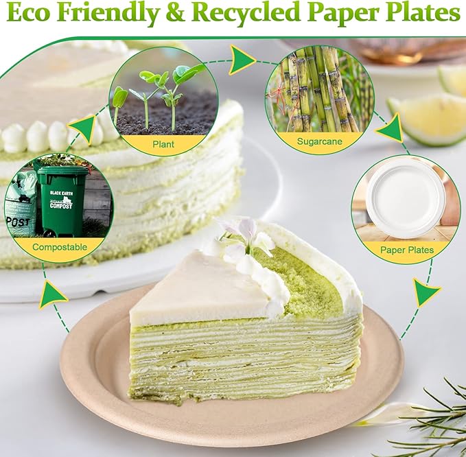 Eco Friendly Small Paper Plates - 6 Inch, 50 Pack, Compostable, Made of Sugarcane Fibers, Brown, Dessert Plates