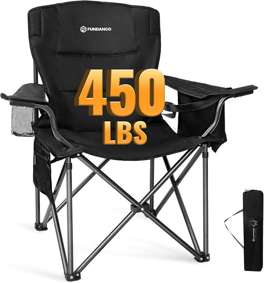 FUNDANGO Oversized Camping Chair for Adults, Heavy Duty Portable Foldable Lawn Chair with Padded Seat & Back, Lumbar Support, 4-can Cooler & Cup Holder, Carry Bag Included for Outdoor (Black)