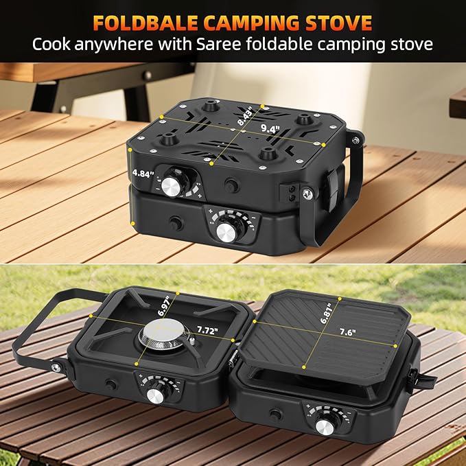 2 Burner Propane Stove Compatible with Propane Cylinders,2 Burner Camp Stove with Griddle and 16000 BTU Adjustable Burners,Portable Camping Stove Propane with Carry Bag and Handle for Camping (Black)