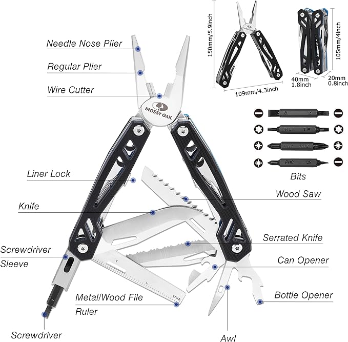 MOSSY OAK Multitool, 21-in-1 Stainless Steel Pocket Knife with G10 Handle, Screwdriver Sleeve, Self-locking Pliers with Sheath-Perfect for Outdoor, Survival, Camping, Hiking, Simple Repair