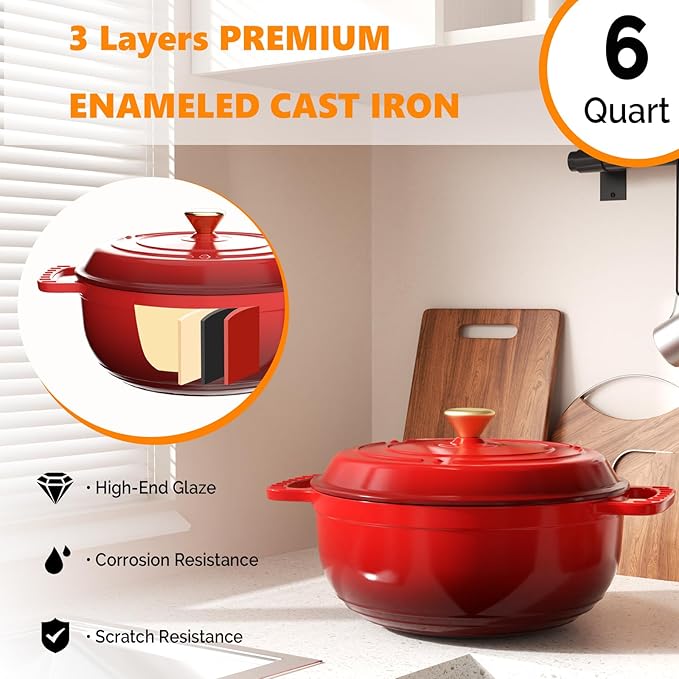 BONNLO 6QT Round Dutch Oven, Enameled Cast Iron Dutch Oven Pot with Lid & Dual Handles, Oven Safe Up to 500° F, for Sourdough, Bread Baking, Stews and Roasting (Red)