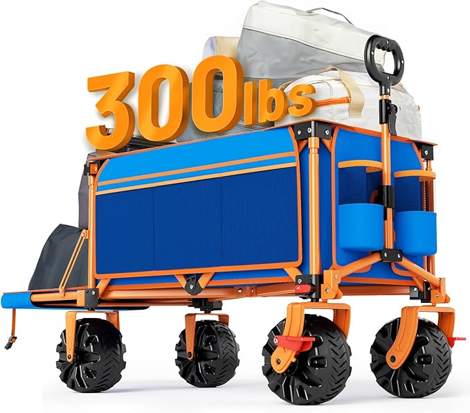 49" L Extra Long Beach Wagon with Tailgate,Big Wheels with Brake for Sand, Collapsible Utility Beach Cart Heavy Duty Folding Wagon,Ideal for Outdoor Sand Camping Garden Pet