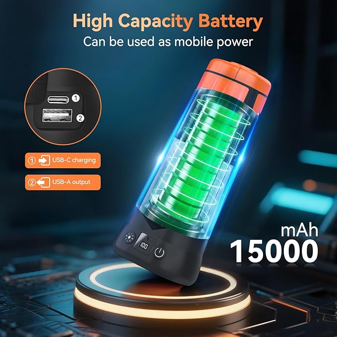 Rechargeable Camping Light with Stand 7ft Max Height, 15000mAh Portable Cordless LED Work Light, 5500 Lumen 6500/4500/3500K Dimmable Emergency Flashlight with Detachable Tripod, Orange