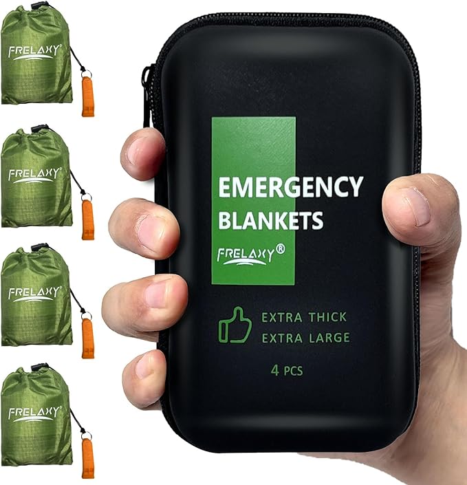 Frelaxy Emergency Blanket 2-Pack/4-Pack, Extra-Thick Extra-Large Space Blankets with Whistles, Storage Pouchs, and EVA case, 83" x 60"
