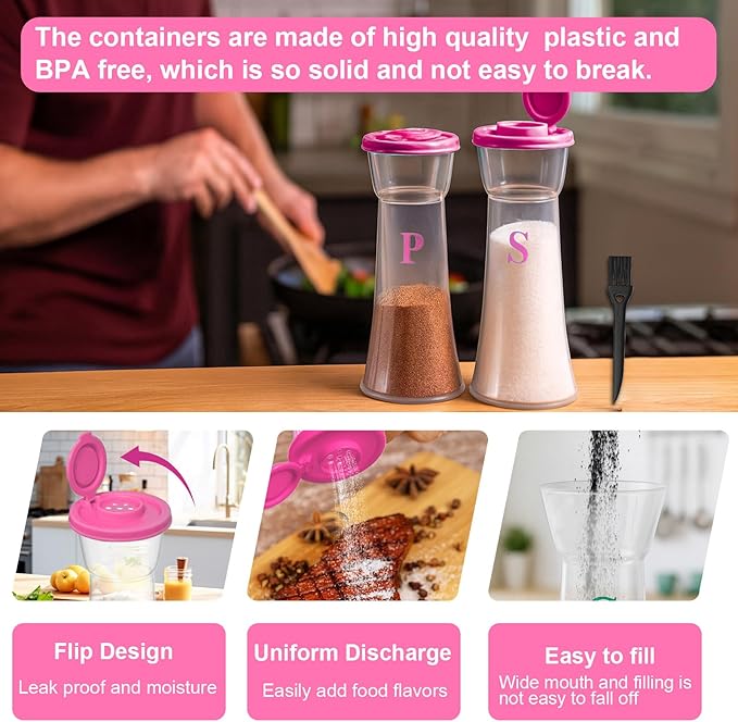 Set of 2 Clear Salt and Pepper Shakers, Plastic Spice Jars with Colorful Lids, Leakproof Moisture-Proof for Home Kitchen Restaurant, Camping, Travel, Picnic (Pink)