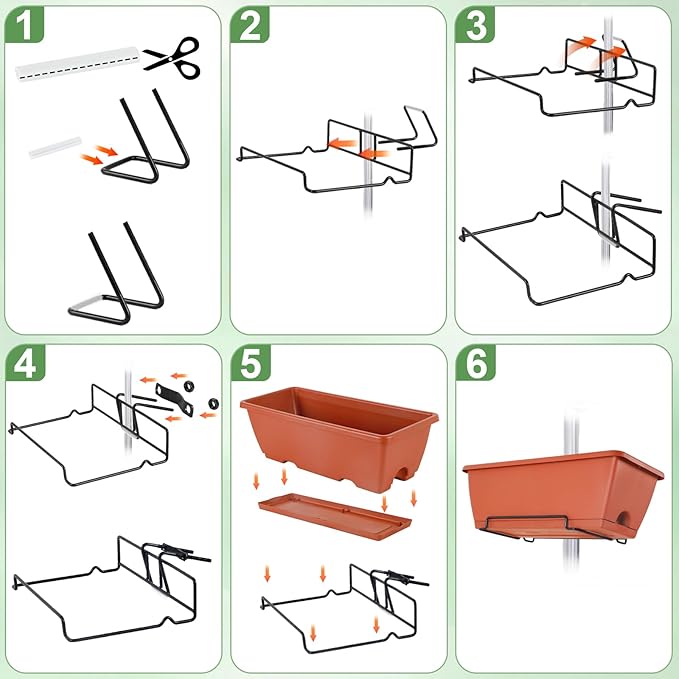 HAITRAL 16.9 Inch Deck Railing Planter Boxes for Plants, Rectangular Hanging Window Boxes Planters with Metal Flower Pots Brackets - 6 Pack Railing Planter Box for Balcony Fences Garden, Red