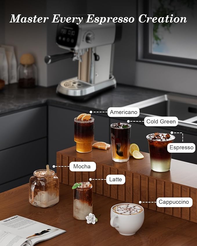 Espresso Machines 20 Bar with LED Touchscreen, Adjustable Temperature(185~203°F) Timing(25~60s), Compact Stainless Steel Coffee Maker with Milk Frother Steam Wand for Home Cappuccino & Latte Maker