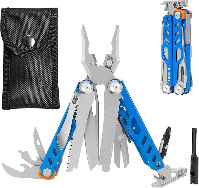 HANSHI Multitool Pliers, 22-in-1 YG10 Tungsten Steel Multi Tool with Scissors,Replaceable Wire Cutters, Flint, Window Breaker, Back Clip,Ideal for Camping, Survival and Gift(Blue)