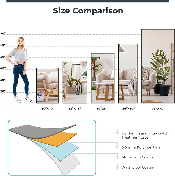 Nano Full Length Mirror Shatterproof Oversized Full Body Glassless Mirror for Home Gym Dance Studio and Workout Room 32" x 48" Black