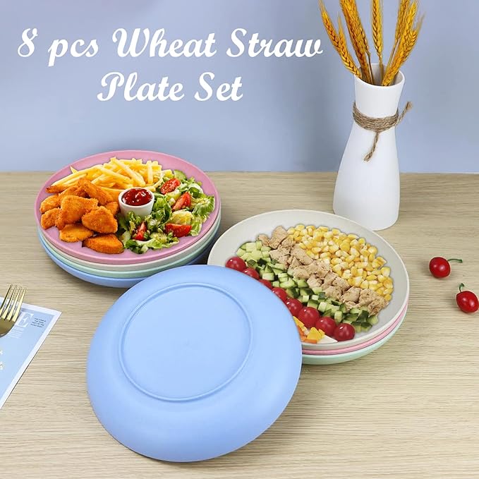 Homienly Deep Dinner Plates Set of 8 Alternative for Plastic - Microwave & Dishwasher Safe Wheat Straw Plates with 4 Colors (Fresh Light, 9 inch)