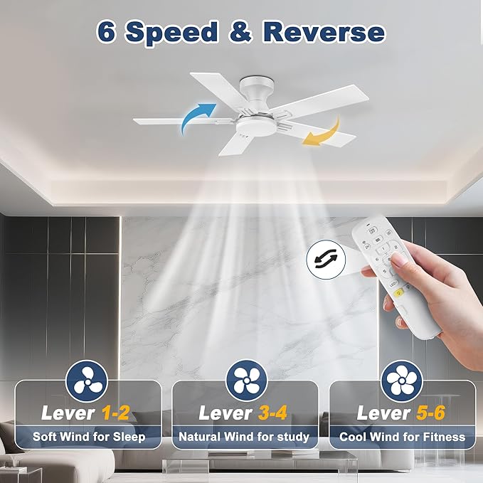 42 inch Smart Low Profile Ceiling Fan with Lights Remote,Quiet DC Motor,WIFI Control via Voice Alexa,App, Easy to Install,Flush Mount Outdoor Indoor Fans for Small Bedroom Patio Porch,White& Wood