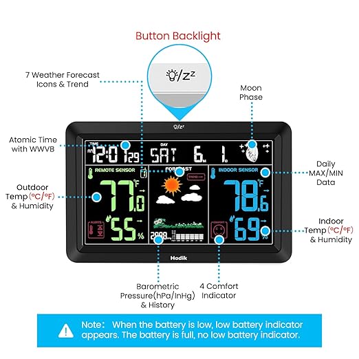 Weather Station Atomic Clock Indoor Outdoor Thermometer Wireless, Barometer Humidity Temperature Monitor Hygrometer with High Precision Sensor Black