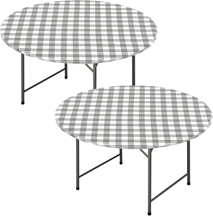 Fitable Round Vinyl Fitted Table Cover - 2 Pack Waterproof Checkered Elastic Edged Tablecloth Flannel Backed Table Cloth for Picnic Party, Silver/White (Fit for 45"-56" Round Tables)