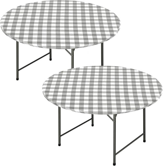 Fitable Round Vinyl Fitted Table Cover - 2 Pack Waterproof Checkered Elastic Edged Tablecloth Flannel Backed Table Cloth for Picnic Party, Silver/White (Fit for 45"-56" Round Tables)