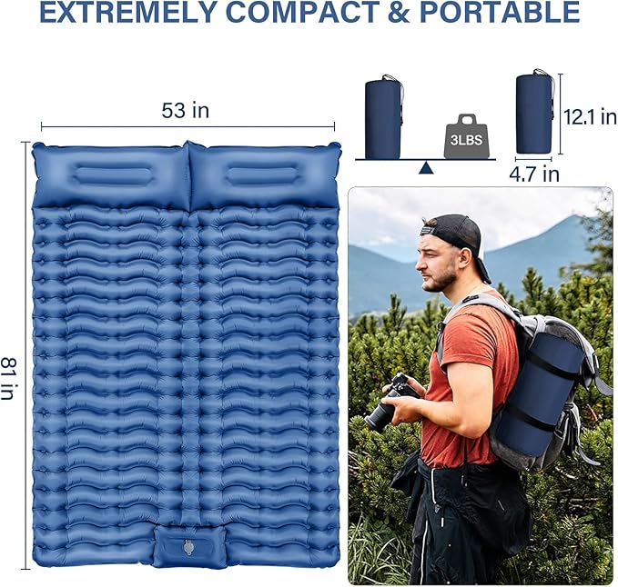 Double Sleeping Pad for 2 Person - 4" Extra Thick Inflatable Air Mattress with Built-in Foot Pump & Pillow for Camping,Traveling, Tent, Portable Camping Mat