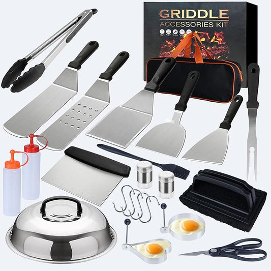 Griddle Accessories Kit for Blackstone and Camp Chef,Extra Thickened Stainless Steel Grill Accessories Set，Grill Tools Set with Enlarged Grill Spatula, Griddle Cover Salt and Pepper Shakers (23PCS)