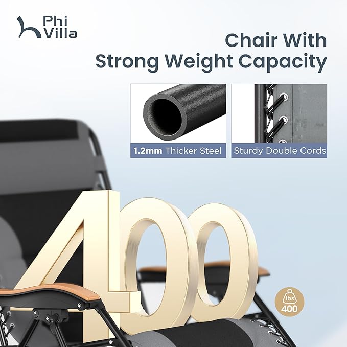 PHI VILLA XXL Oversized Padded Zero Gravity Chair, Foldable Patio Recliner, 30" Wide Seat Anti Gravity Lounger with Cup Holder, Support 400 LBS (Gray)