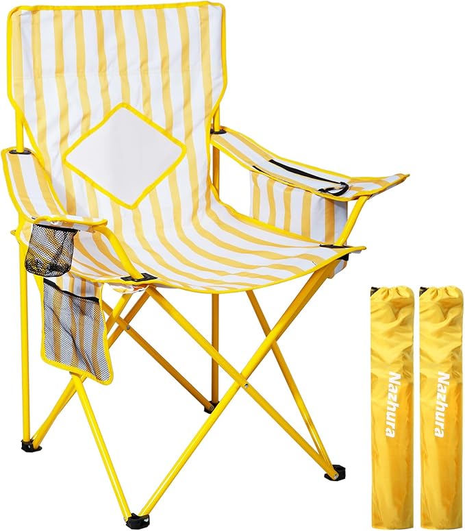 Nazhura 2 Pack Folding Camping Chair with Cooler Pouch, Mesh Backrest and Cup Holder Pocket (Yellow, 2 Pack)